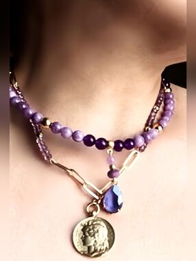 Natural Purple Jade & Amethyst Two Strand Bead In Paperclip Chain Necklace